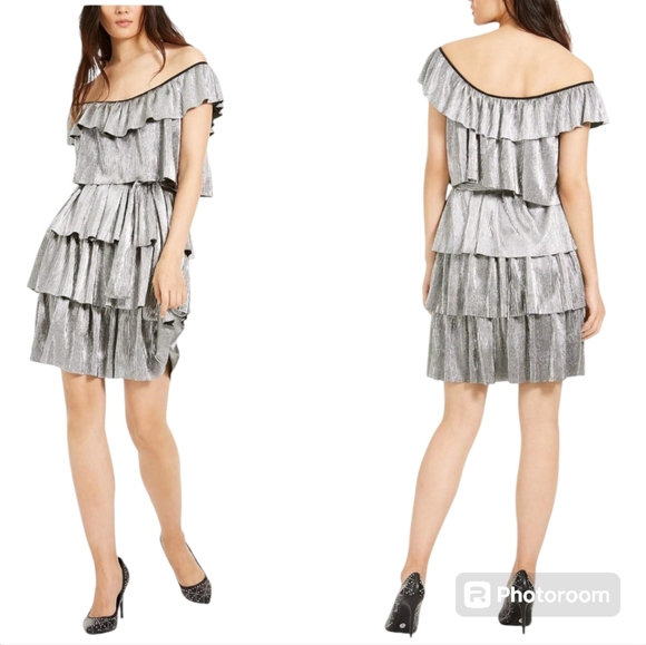 Michael Kors Dresses & Skirts - Michael Kors Dress Silver Metallic Tiered Off-the-shoulder Cocktail Mini Shift